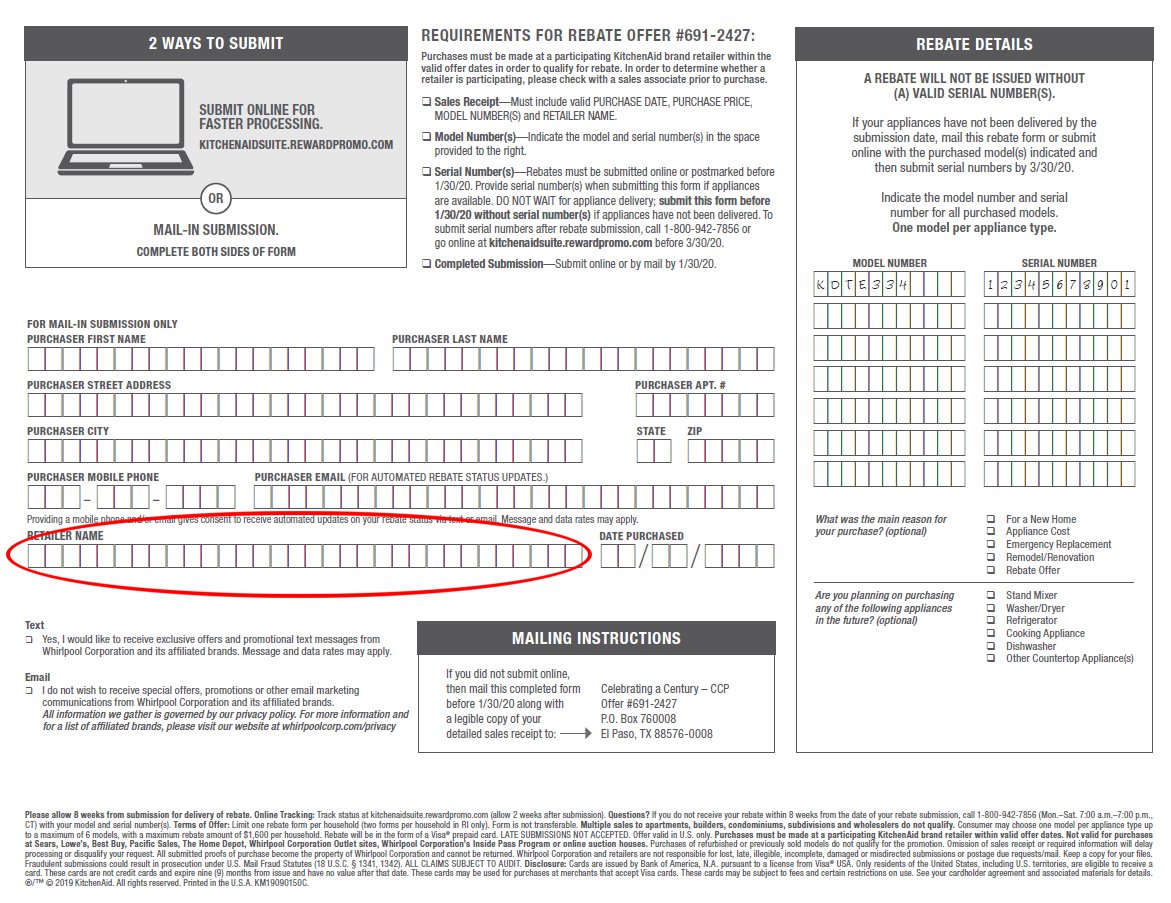 Kitchenaid Dishwasher Rebate Form